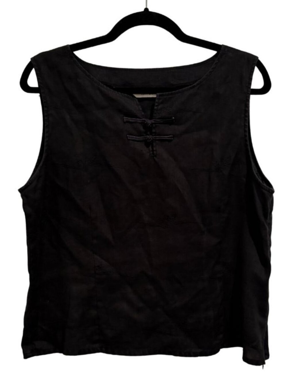 iSHYU 100% Linen Black Sleeveless Top Frog Closure Side Zip L